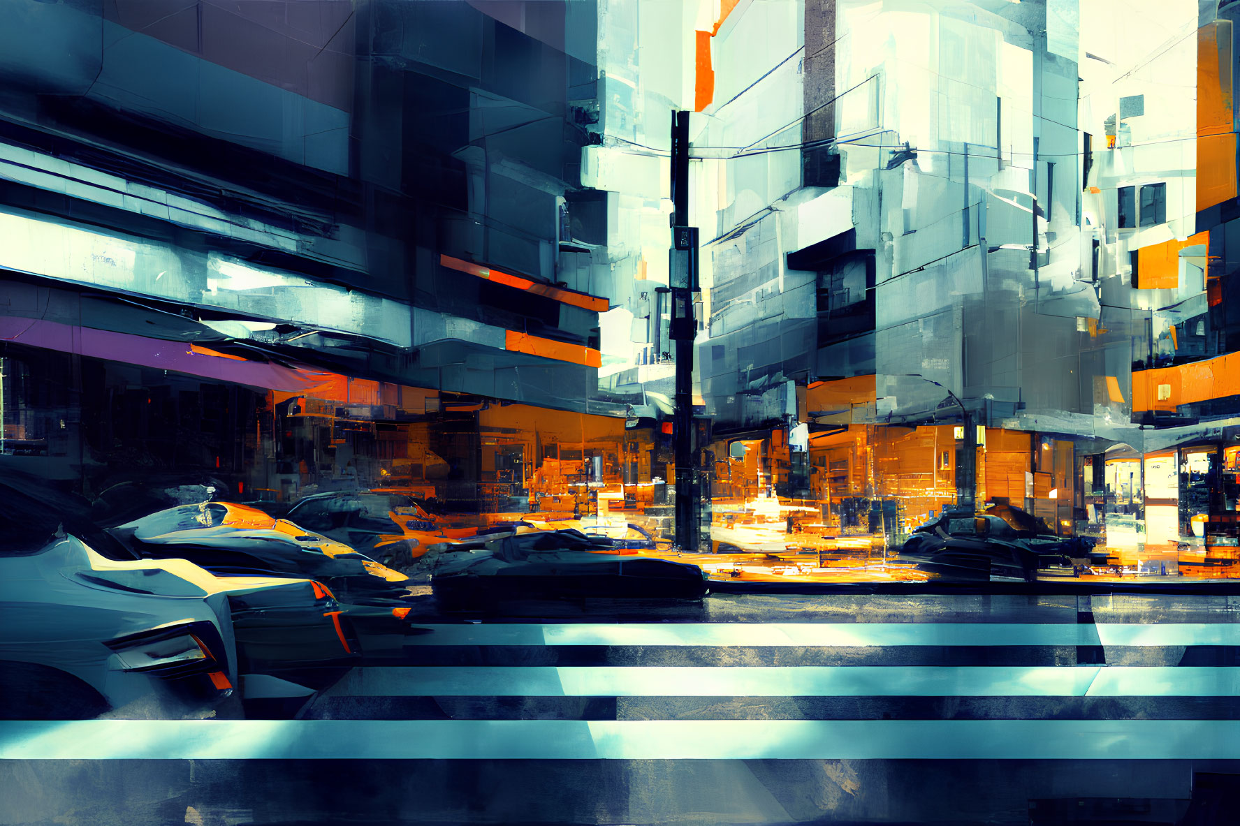 Vibrant urban street digital artwork in orange and blue tones