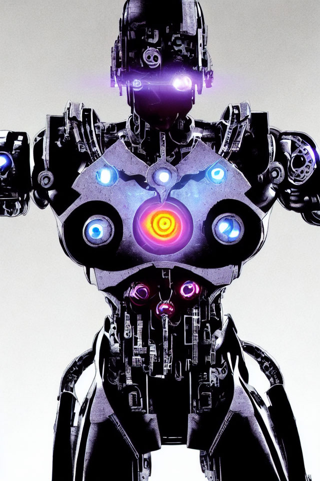 Detailed Image of Robot with Purple Highlights and Glowing Core