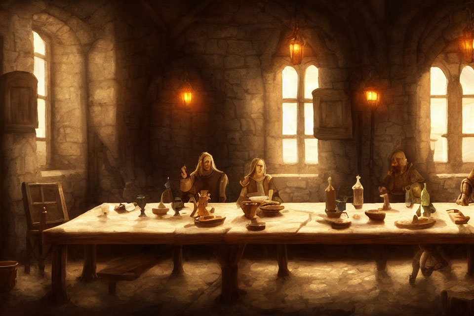 Medieval-themed dining scene with three people in castle hall