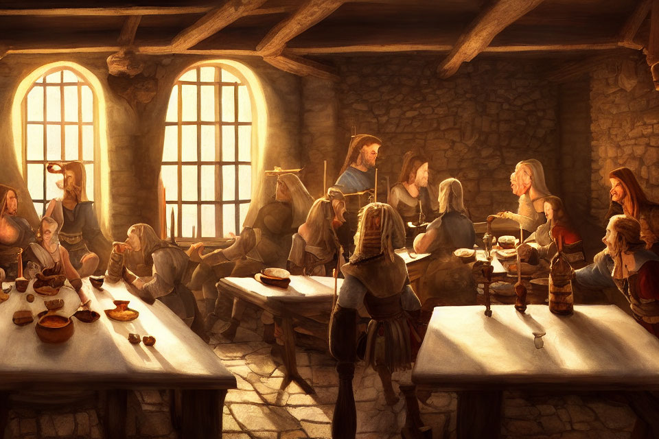 Medieval tavern scene with diners in warm, rustic setting