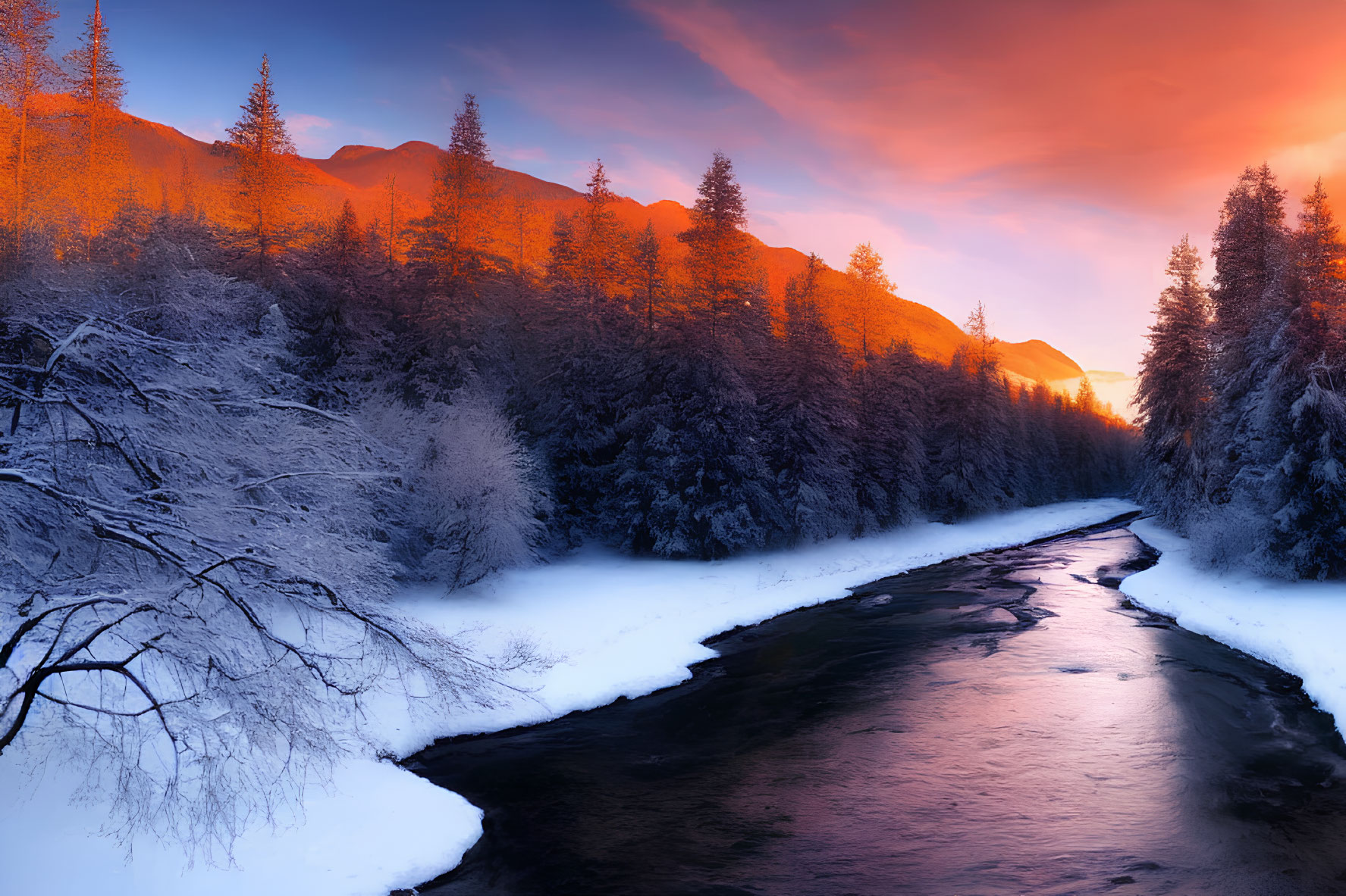 Snow-covered winter landscape with frozen river and golden sunrise light