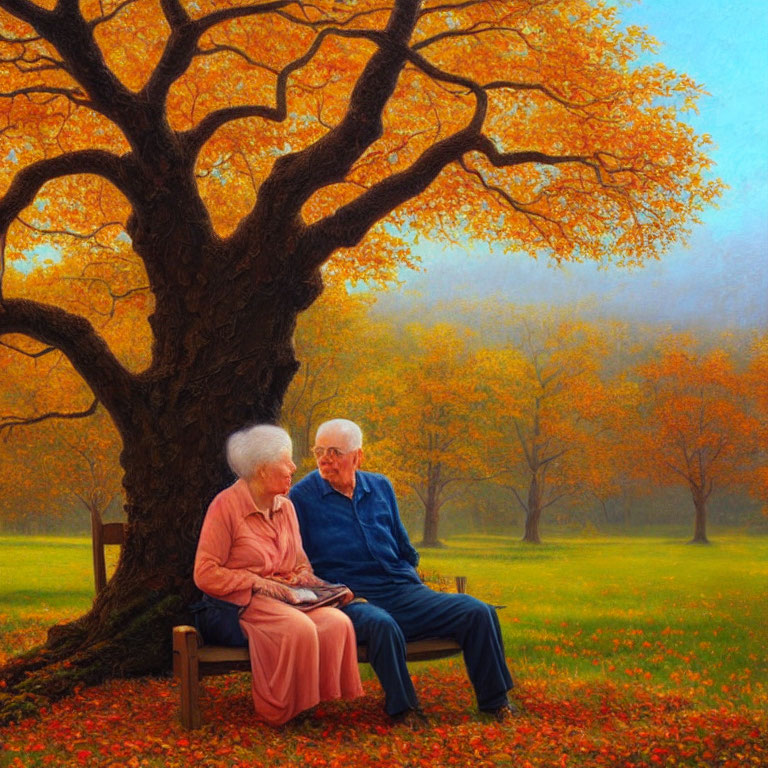 Elderly couple on bench under autumn tree in misty landscape