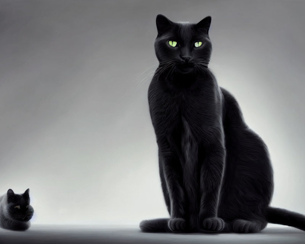 Digital Artwork: Two Black Cats with Green Eyes on Gray Background