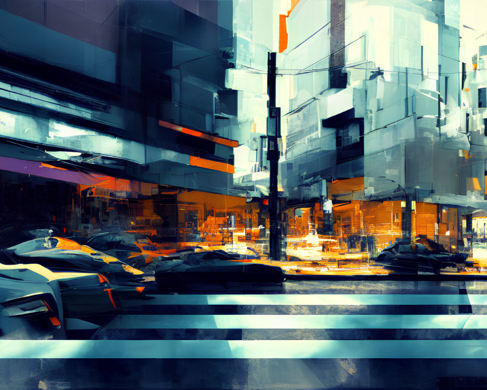 Vibrant urban street digital artwork in orange and blue tones