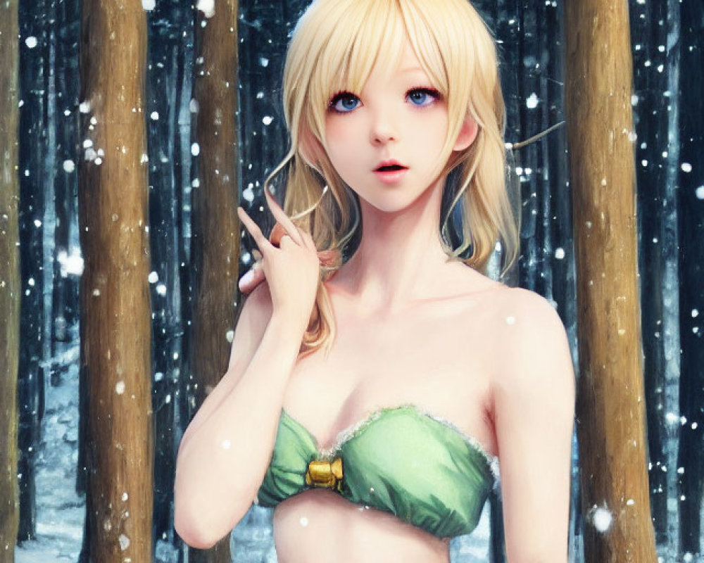 Blonde Female Anime Character with Rabbit Ears in Snowy Forest