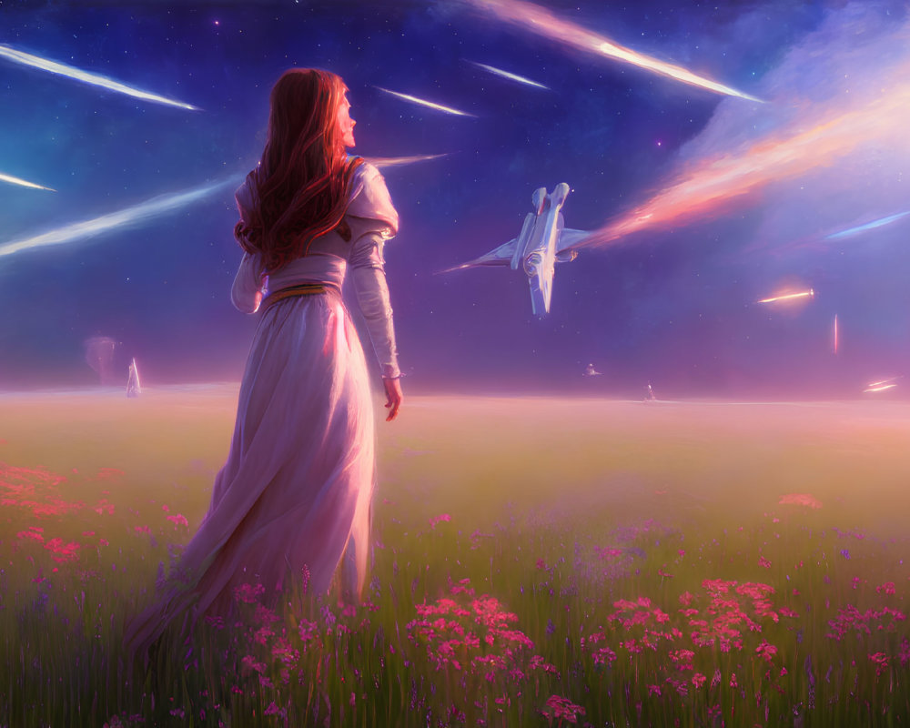 Woman in White Dress Observes Starship in Field of Pink Flowers