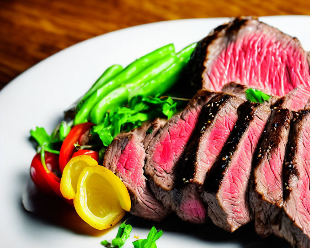 Medium-Rare Steak with Grill Marks, Asparagus, Cherry Tomatoes, and Lemon on Plate