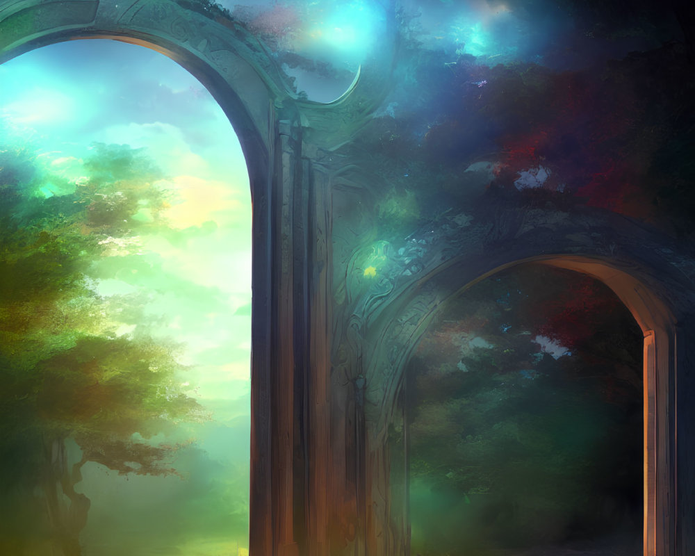 Majestic arched ruins in ethereal forest scene