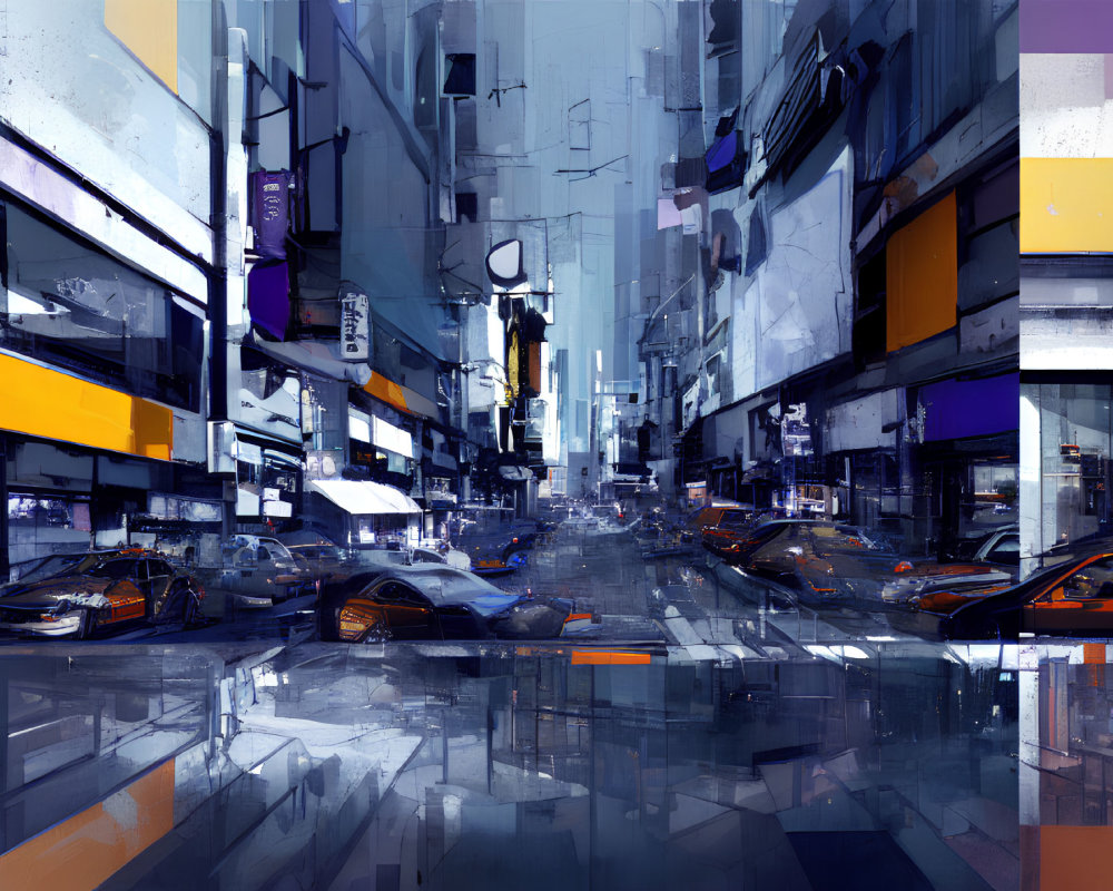 Colorful Futuristic City Street with Reflective Surfaces and Sleek Vehicles