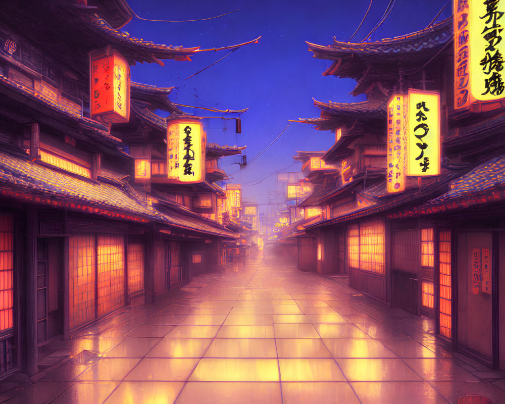 Traditional Japanese architecture and lanterns in a serene dusk street scene