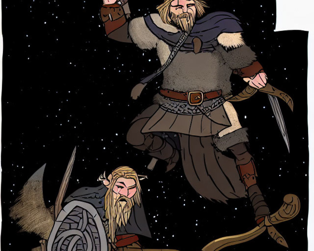 Illustration of two Viking warriors under starry sky