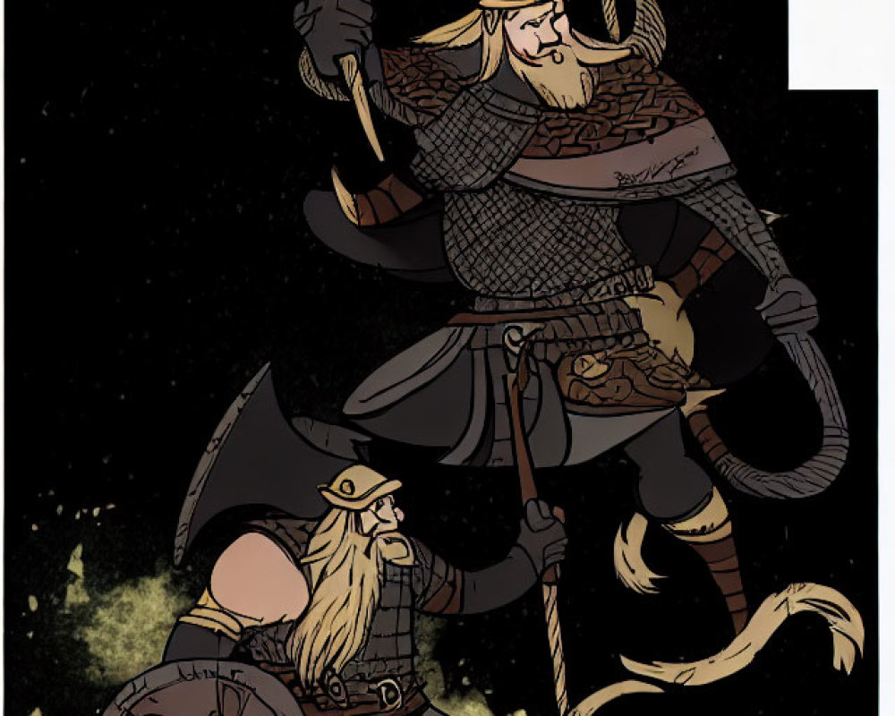 Fantasy illustration of two dwarves in armor with weapons, set against a starry background