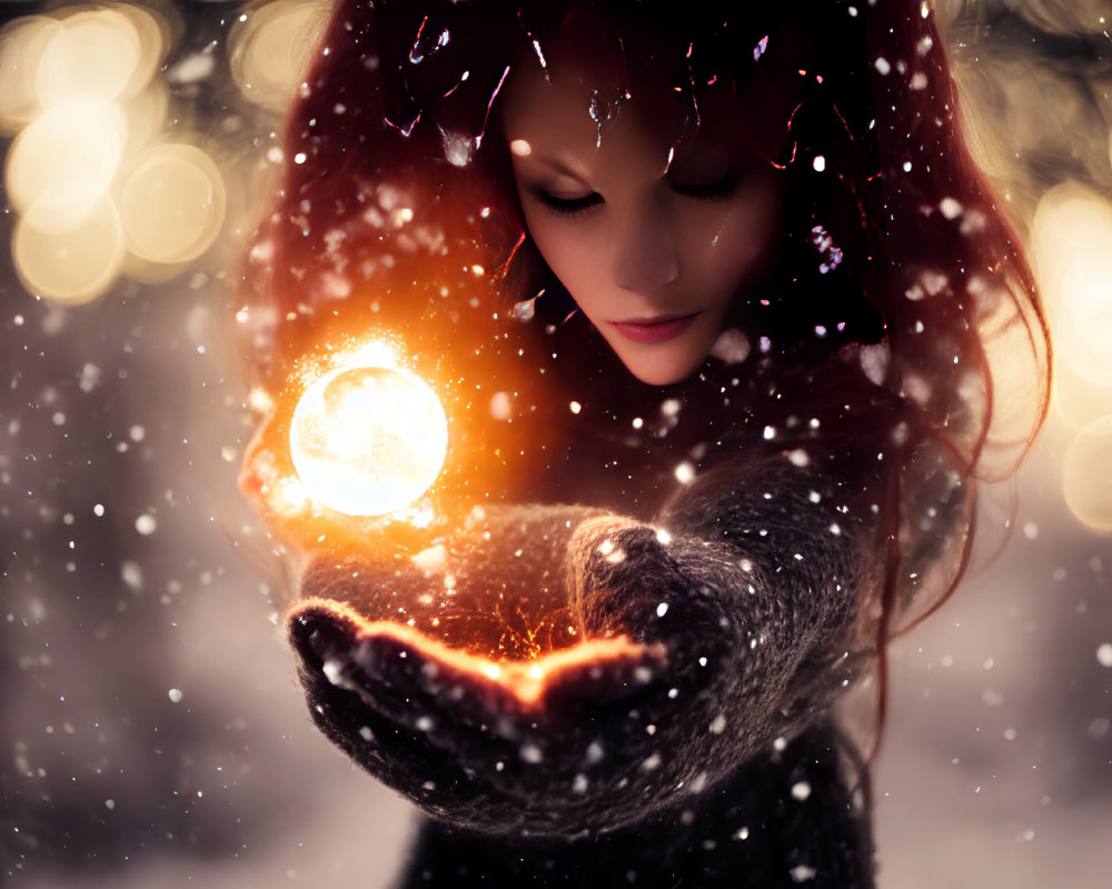 Enchanted person holding glowing light in snowy scene