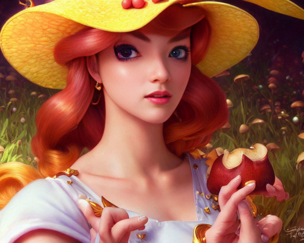 Red-haired woman in yellow hat with berry holding bitten apple in mushroom field