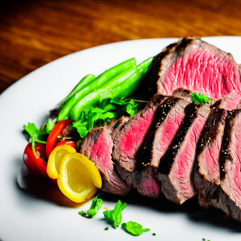 Medium-Rare Steak with Grill Marks, Asparagus, Cherry Tomatoes, and Lemon on Plate