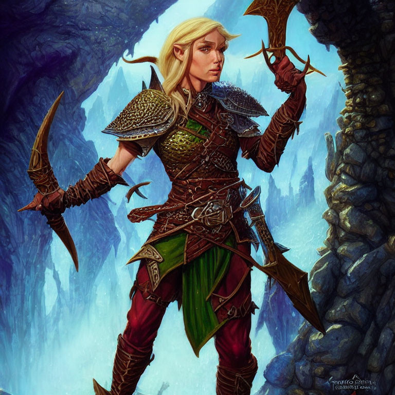 Elven warrior with ornate daggers in rocky terrain