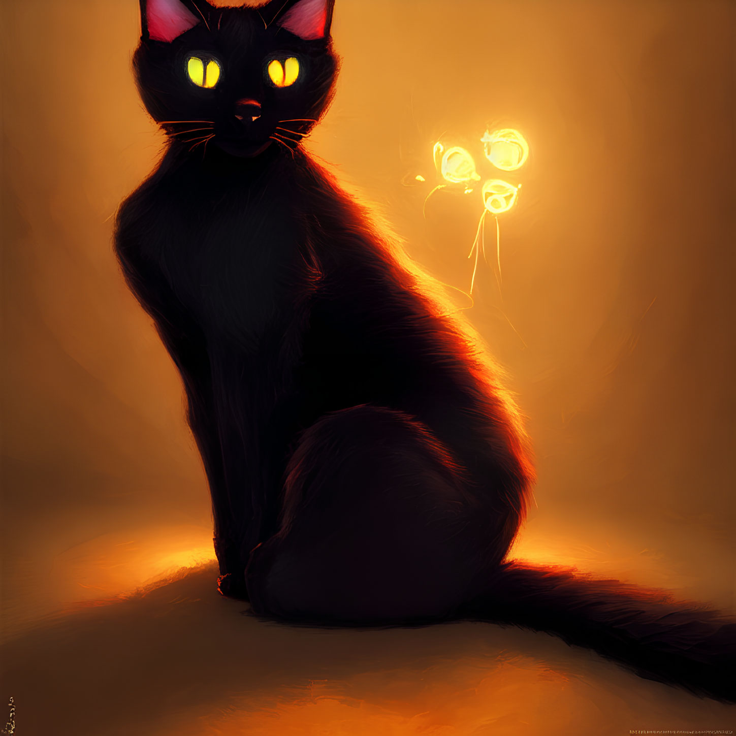 Digital Art: Black Cat with Glowing Yellow Eyes and Mysterious Shadow Face