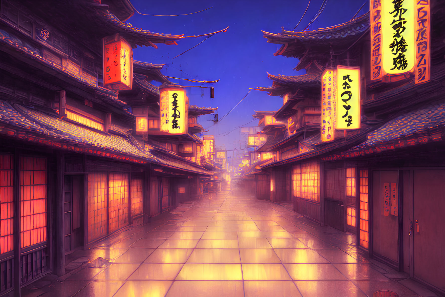 Traditional Japanese architecture and lanterns in a serene dusk street scene