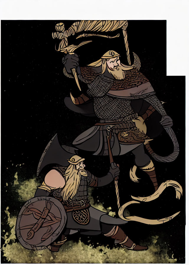 Fantasy illustration of two dwarves in armor with weapons, set against a starry background