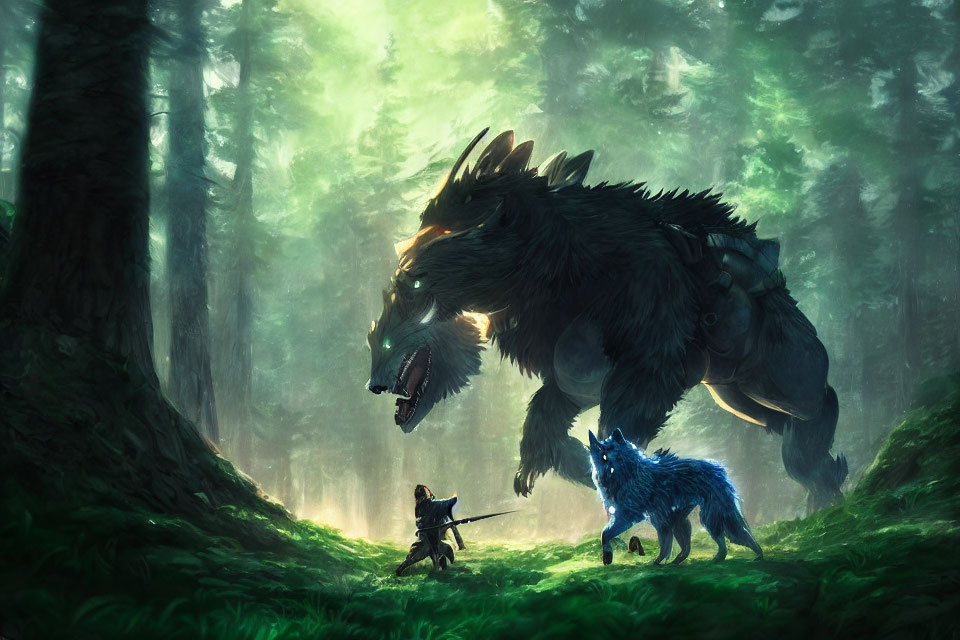 Knight confronts menacing beast with glowing blue wolf in forest