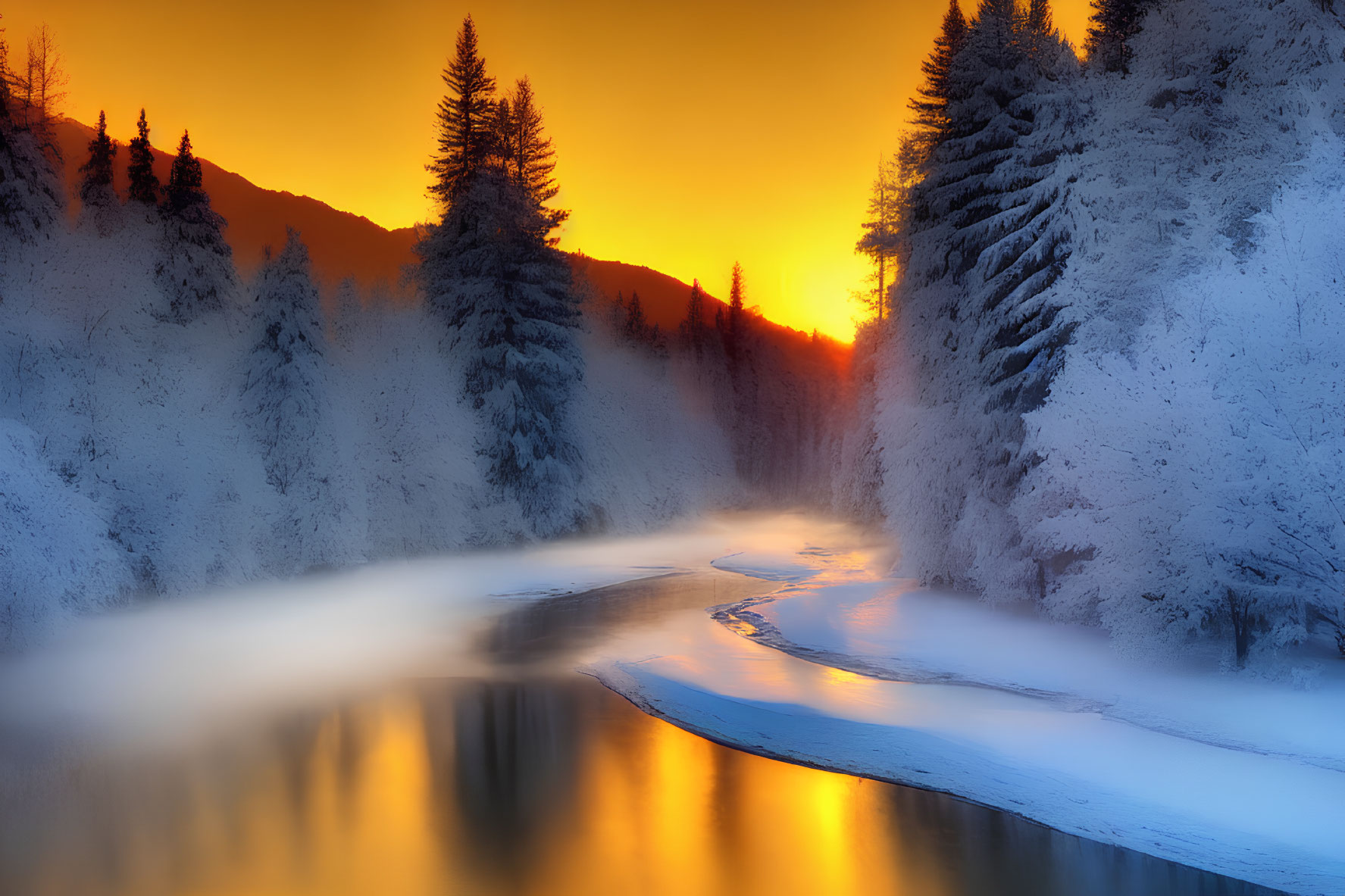 Snow-covered trees by misty river in winter sunset.