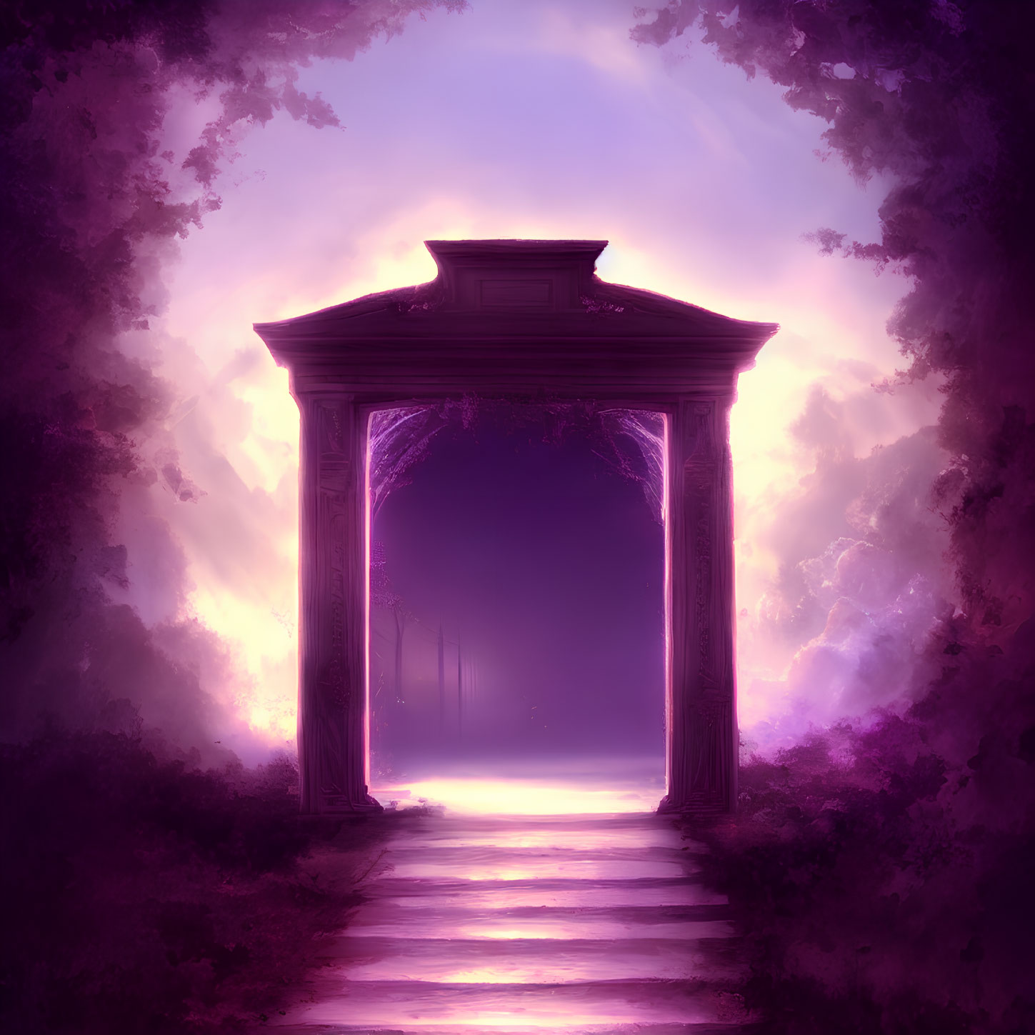 Ethereal archway glowing with purple light in misty dreamlike landscape