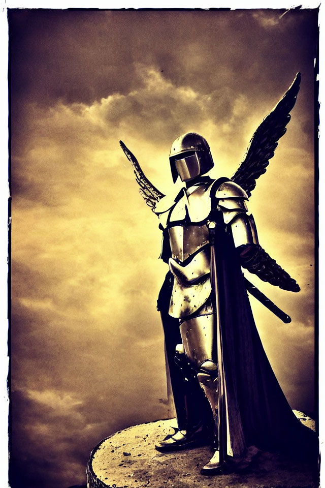 Knight in Full Armor with Wings Under Dramatic Sky