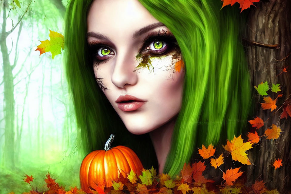 Vibrant green-haired woman with autumn leaves in forest setting