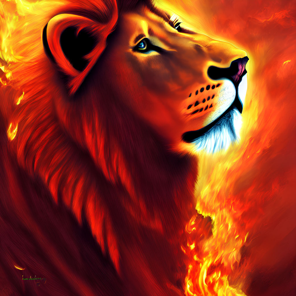 Vivid digital artwork of lion's profile on fiery background