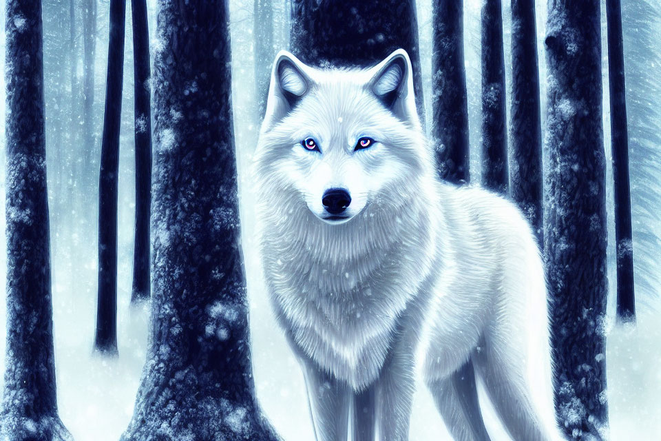 White wolf with blue eyes in snowy forest.