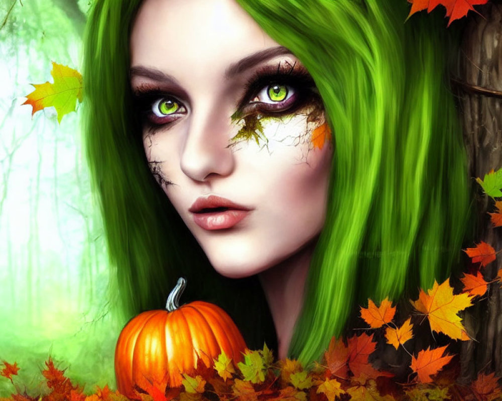 Vibrant green-haired woman with autumn leaves in forest setting