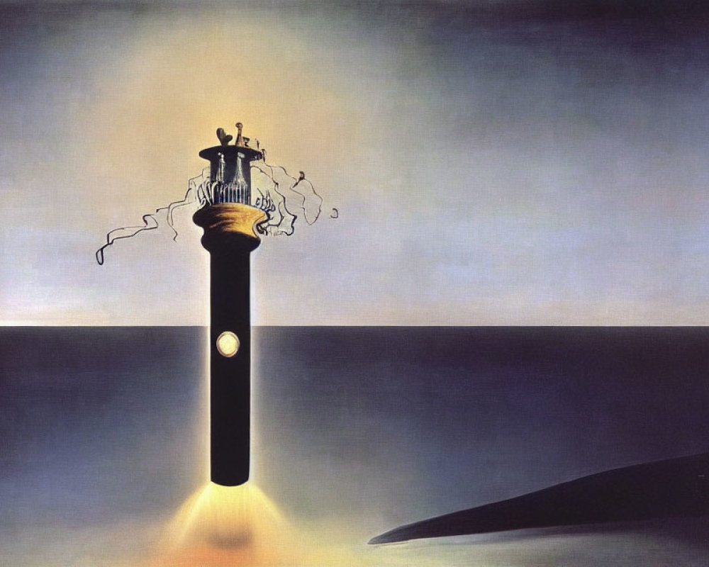 Surreal painting: Melting clock, distorted figure, calm sea, fading sky