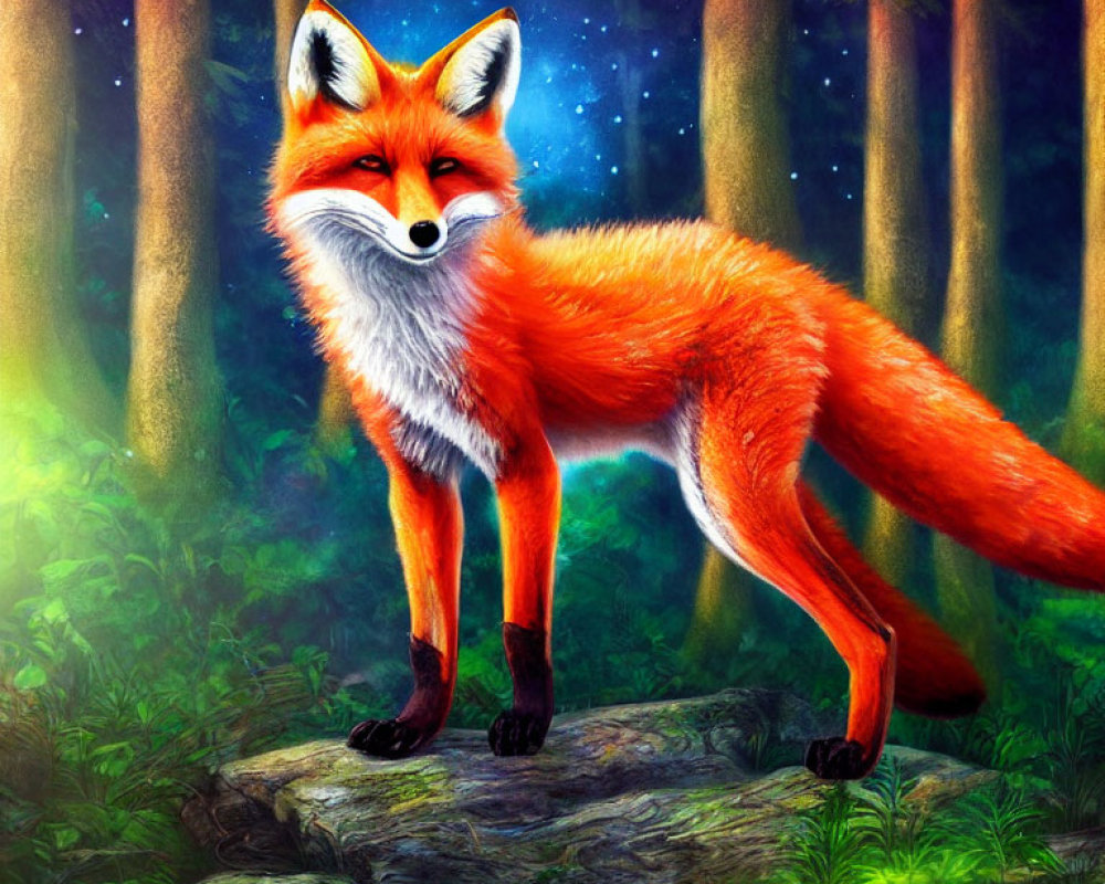 Red Fox Standing on Rock in Mystical Forest Under Starry Sky