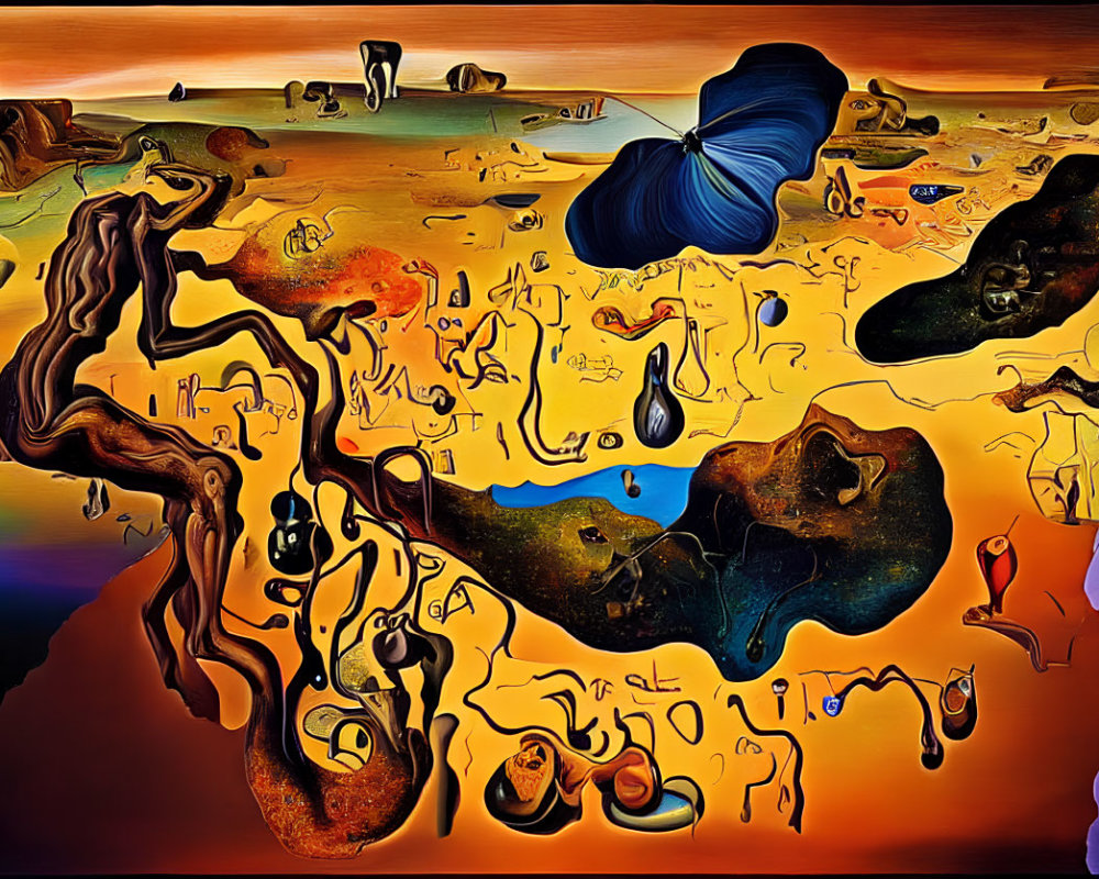 Colorful surreal landscape with melty shapes and blue butterfly in dreamlike setting