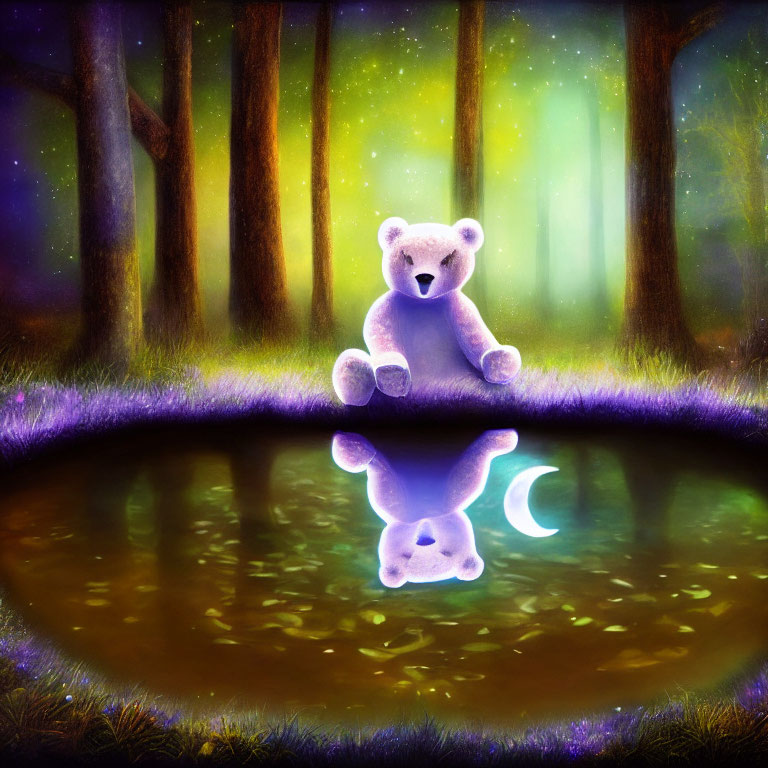 Plush teddy bear by serene pond in enchanted forest at night