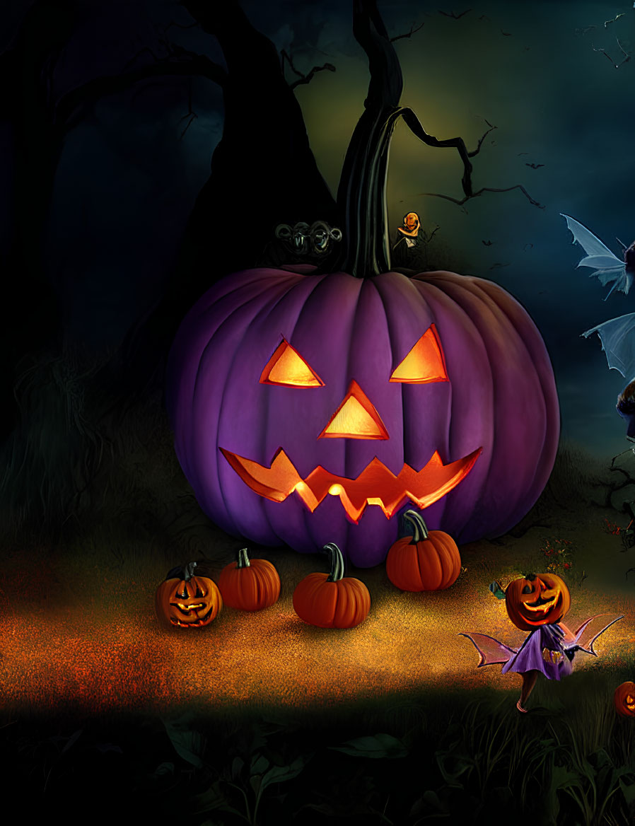 Glowing Jack-o'-lantern, bats, pumpkins, and spooky creature in a Halloween