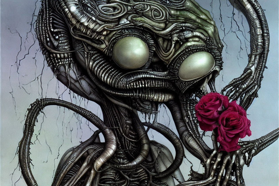 Detailed biomechanical entity with tubular structures and rose eyes on lightning backdrop