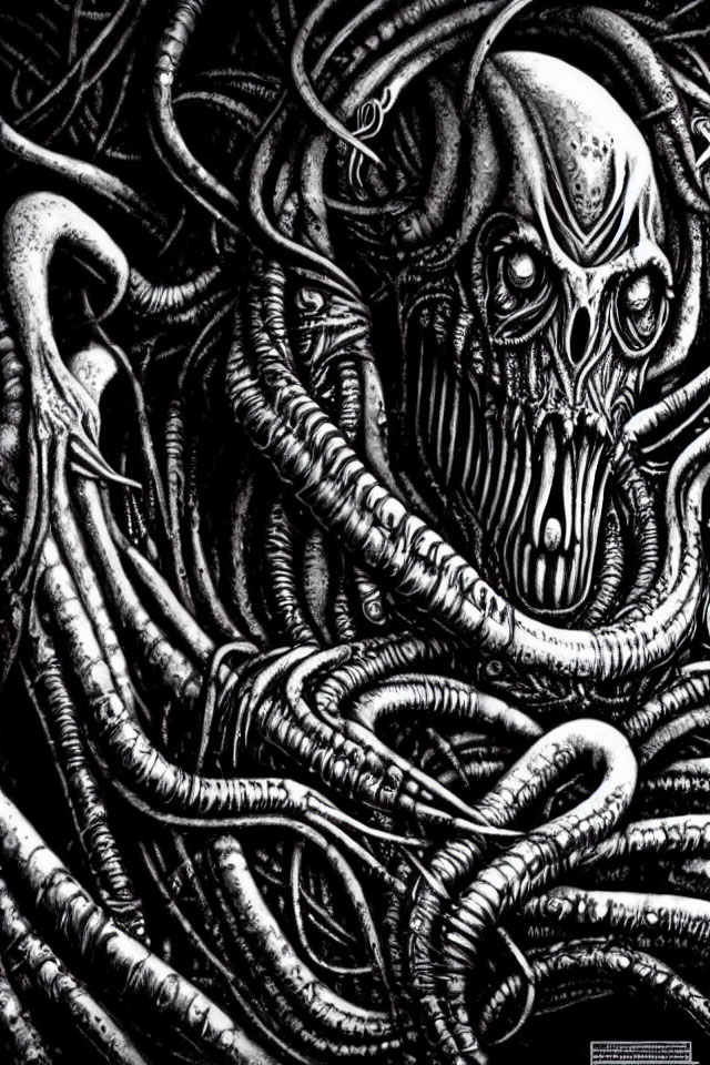 Monochrome illustration of alien creature with skull-like face and tentacles