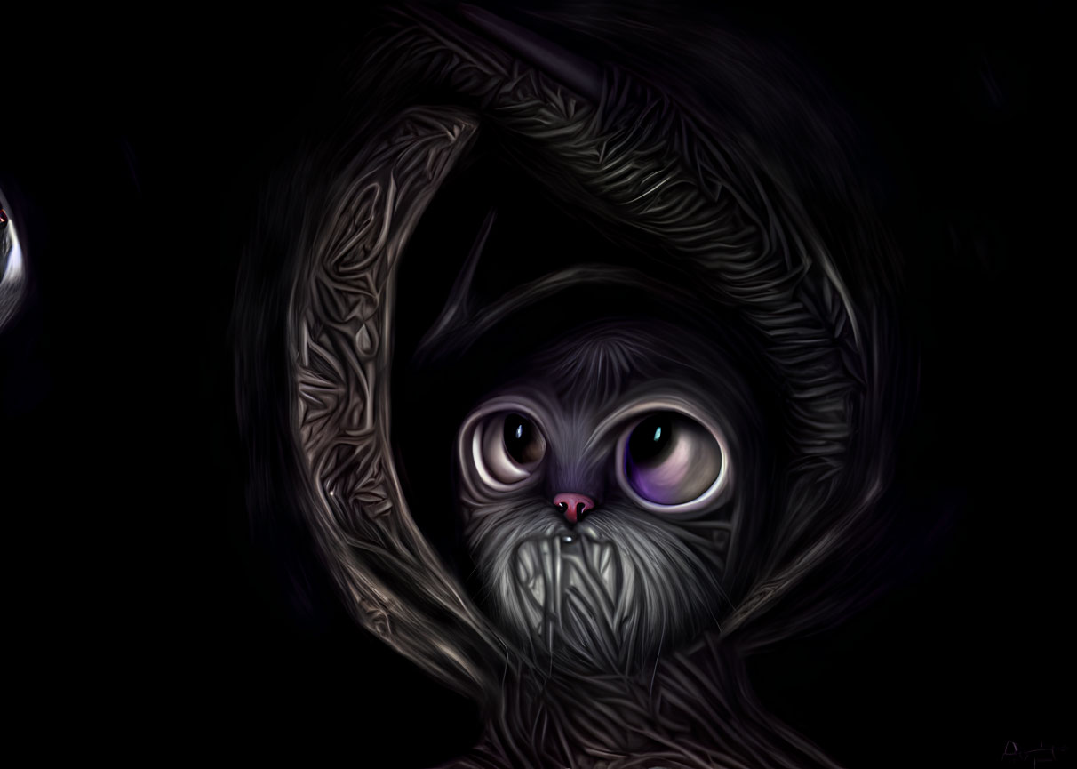 Stylized creature with expressive eyes in dark textured cloak