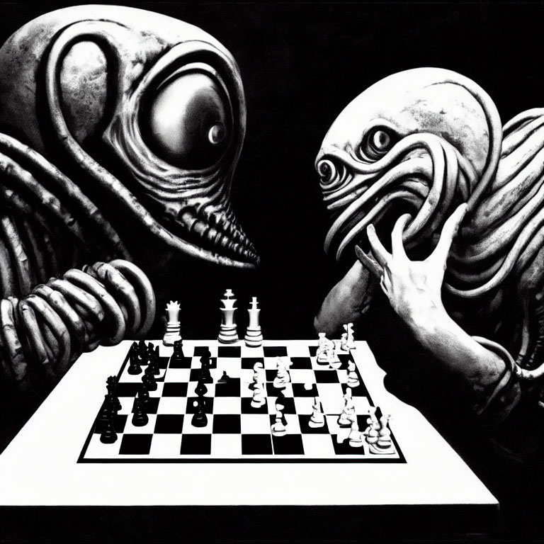Fantastical creatures playing chess on checkered board against black background