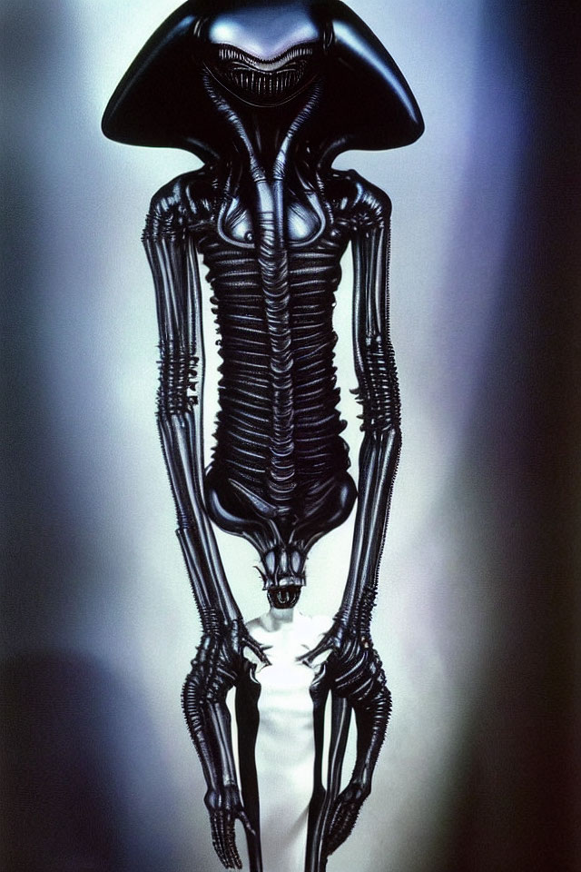 Glossy black biomechanical alien with elongated head on lit background