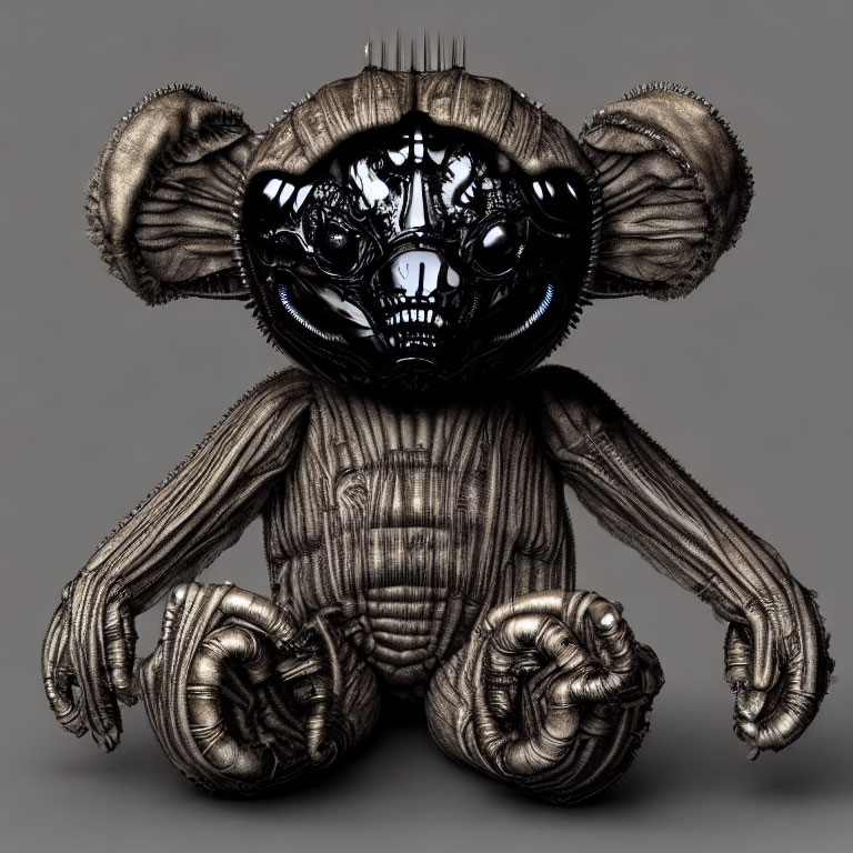 Metallic robotic monkey toy with exposed mechanical inner workings and large circular ears on grey background