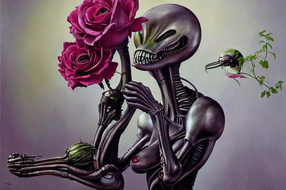 Surreal artwork featuring grey alien figures holding roses and sprouts