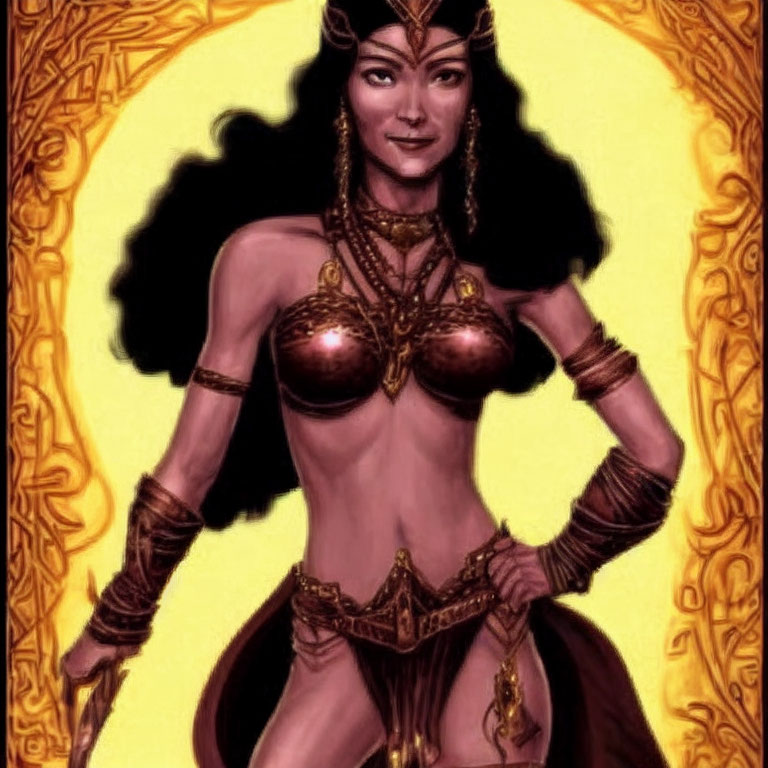 Digital illustration of woman in fantasy warrior attire with golden tiara, armor, and intricate background.