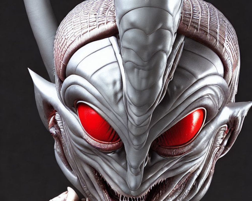 Detailed alien creature with silver exoskeleton and red eyes.