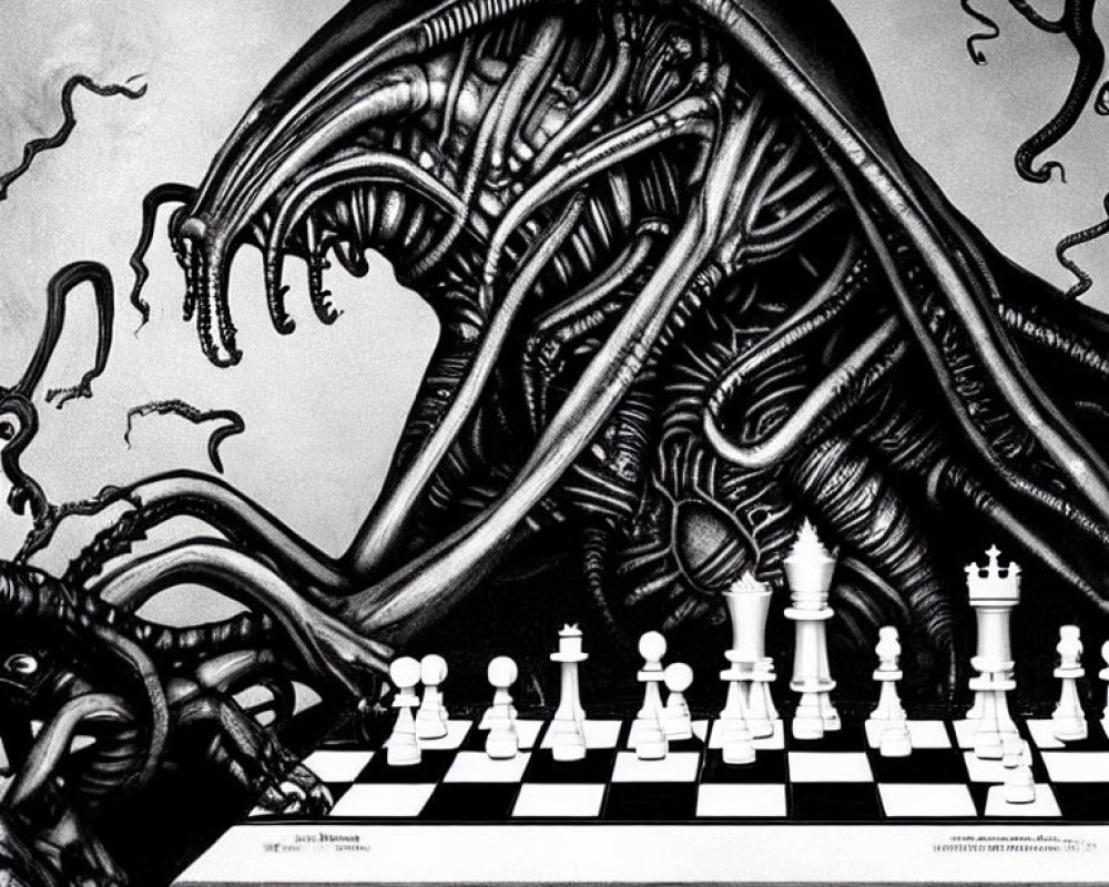 Monochrome illustration of tentacled creature and chessboard confrontation