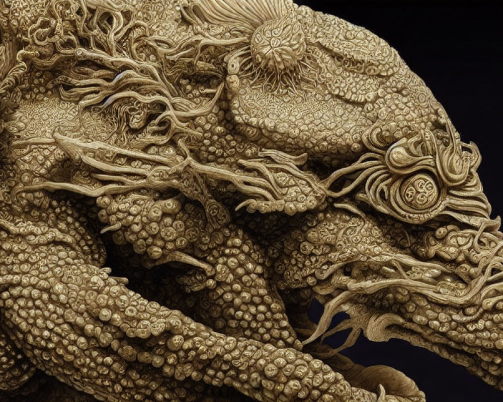 Intricate Ivory Dragon Carving on Black Background