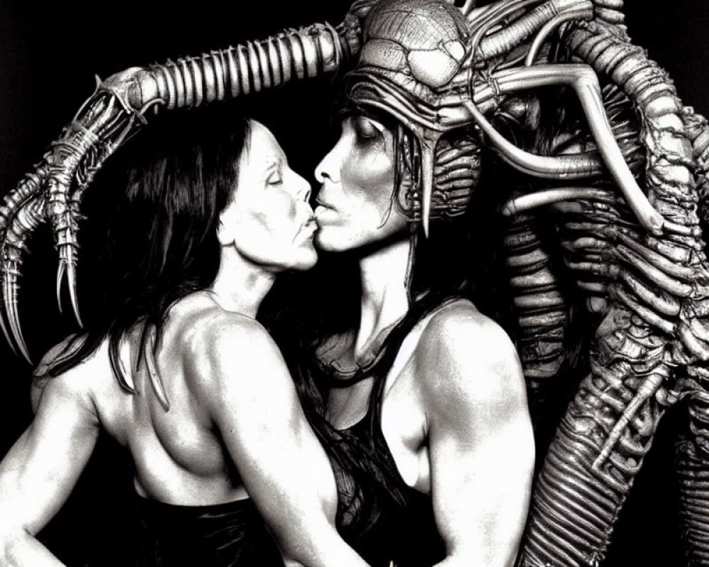 Two women in alien-like costumes kissing with exaggerated headgear on monochrome background