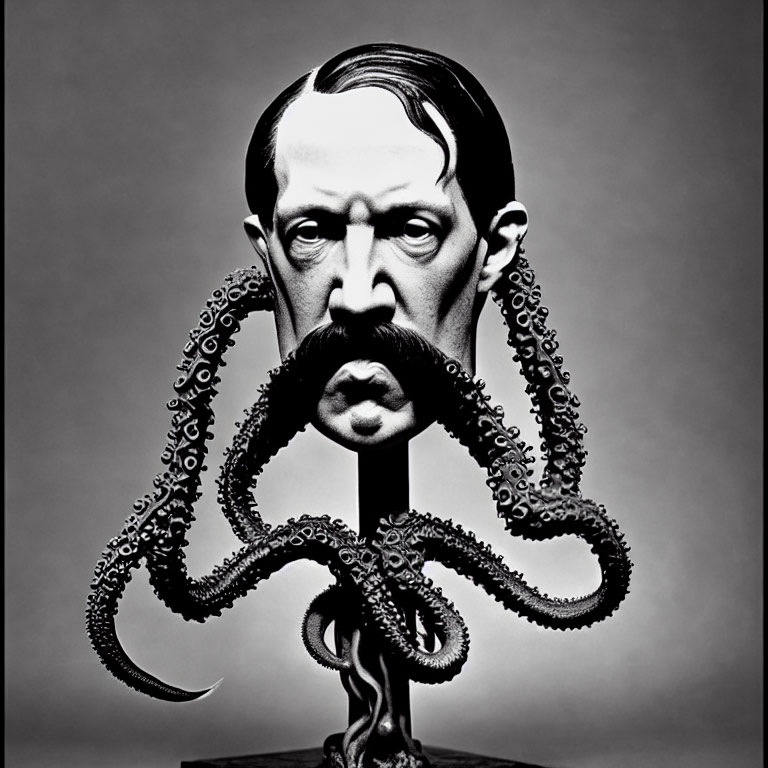 Surreal black and white portrait: man with octopus beard