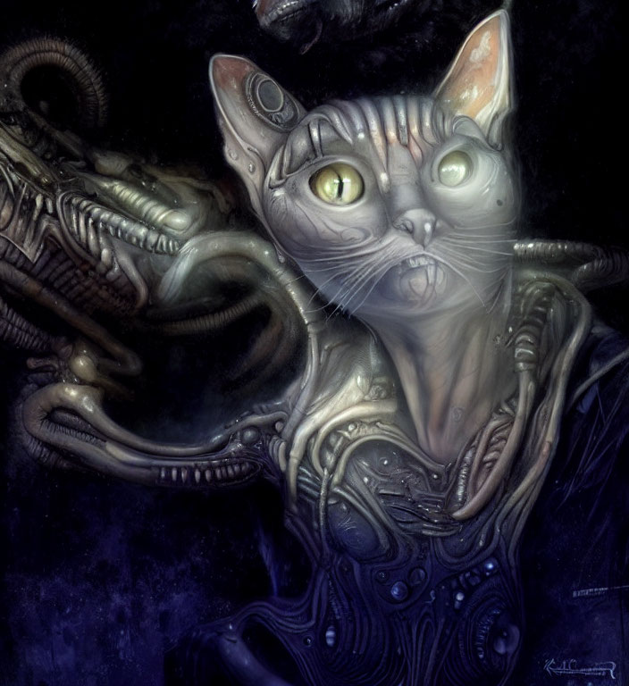 Mechanical and organic cat art inspired by Alien franchise